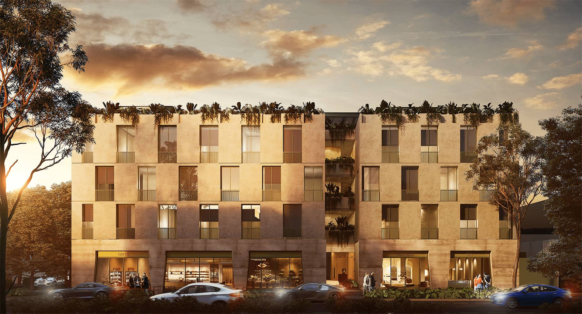 Render de la fachada principal de NAU Juárez al atardecer, con comercios en planta baja y vegetación en las terrazas.